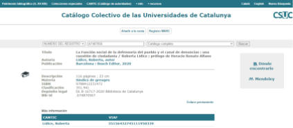 Obra incorporada al Catálogo Colectivo de las Universidades de Catalunya (CCUC): “LA FUNCIÓN SOCIAL DE LA DEFENSORÍA DEL PUEBLO Y EL CANAL DE DENUNCIAS” – UNA CUESTIÓN DE CIUDADANÍA, de la autora Roberta LÍDICE: *Info: *Catálogo Colectivo de las Universidades de Catalunya – CSUC: https://ccuc.csuc.cat/record=b7487056~S23*spi *Librería Bosch – Barcelona: : http://libreriabosch.com/Shop/Product/Details/44185_la-funcion-social-de-la-defensoria-del-pueblo-y-el-canal-de-denuncias ¡Buena Lectura!/ Have a Good Reading! ©ROBERTA LÍDICE.